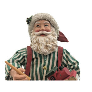 CLOTHTIQUE SANTA 1997 Green Striped Shirt/Carpenters Apron Paint Brush/Toy Train